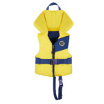 Yellow children's life jacket with blue accents.