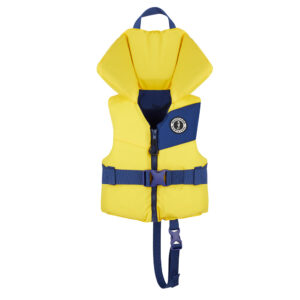 Yellow children's life jacket with blue accents.