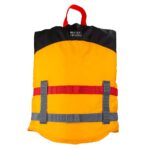 Yellow life jacket with red and gray straps.