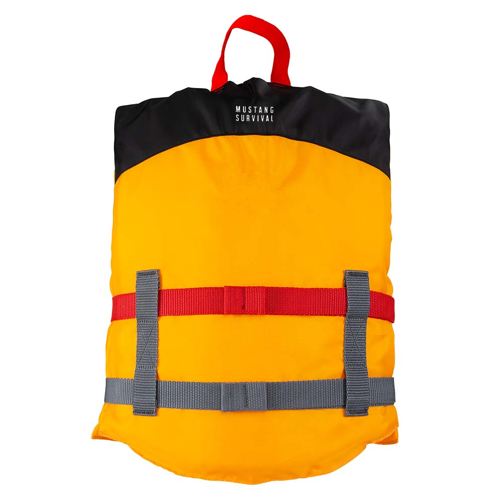 Yellow life jacket with red and gray straps.