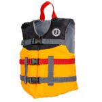 Orange and black life jacket with clip straps.