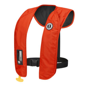 Orange inflatable life jacket with buckle strap