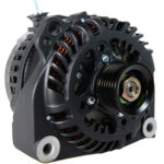 Close-up of a car alternator with pulley.
