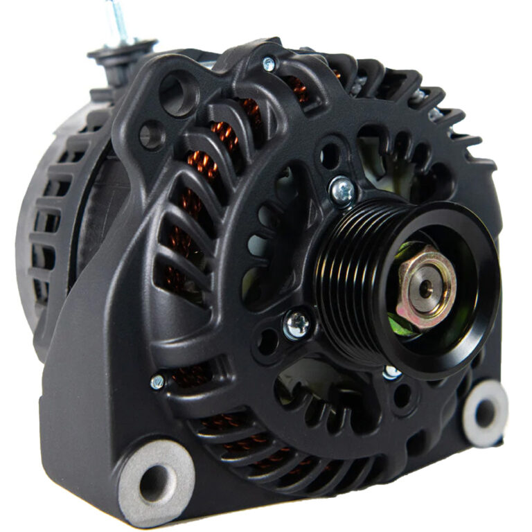 Close-up of a car alternator with pulley.