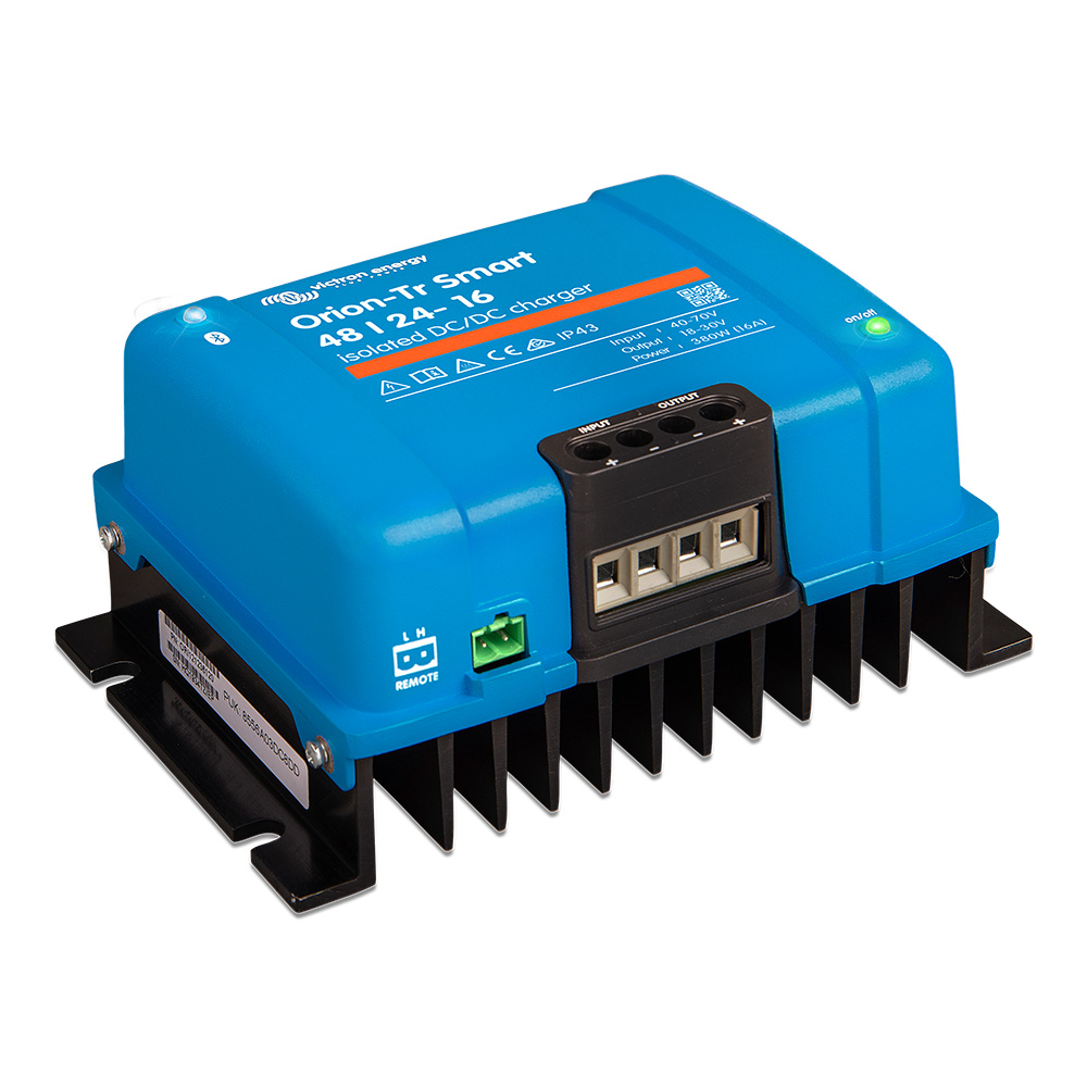 Blue isolated DC/DC charger with multiple ports.