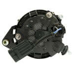 Car alternator rear view, mounting and connection points visible.
