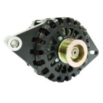 High-performance automotive alternator on white background.