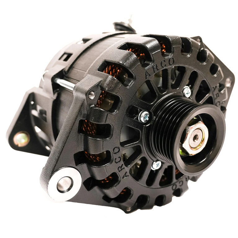 Black automotive alternator with pulley and cooling vents.