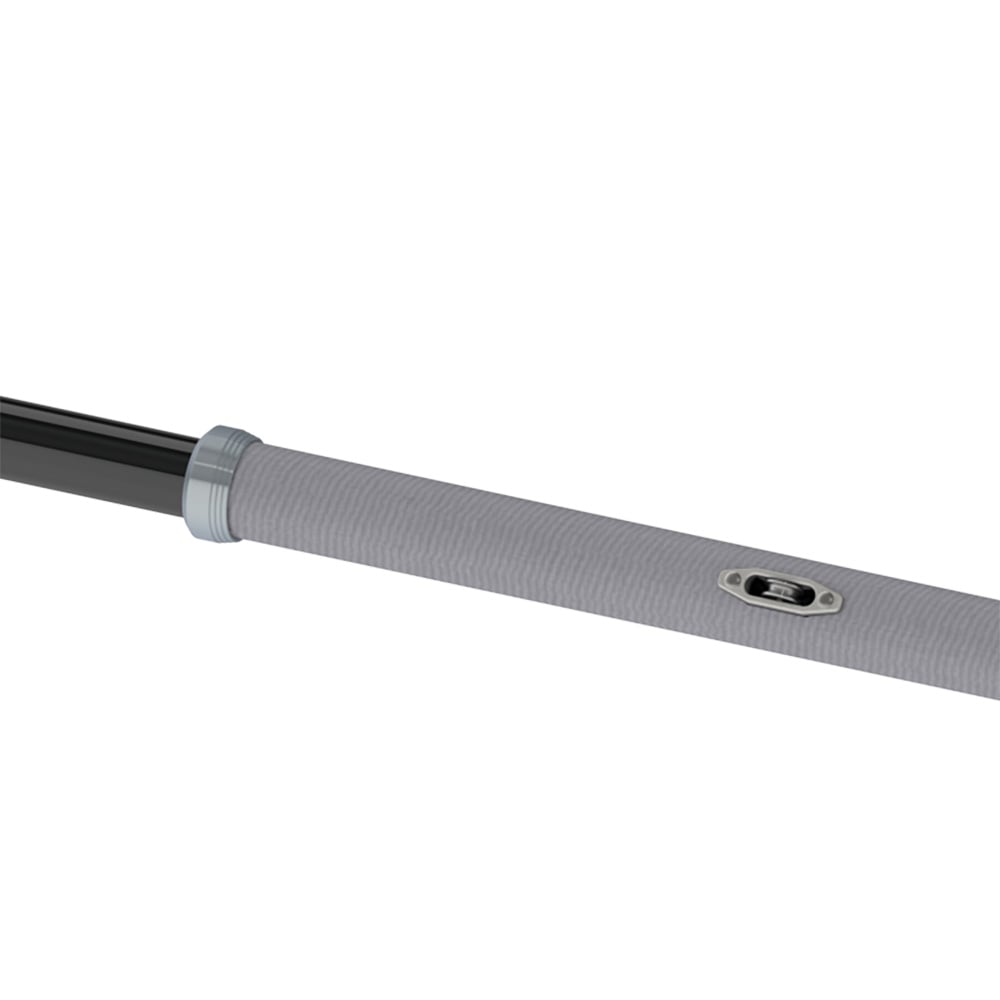 Gray handlebar with black metal rod attachment.