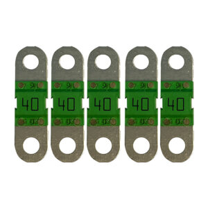 Five 40A automotive blade fuses in a row.