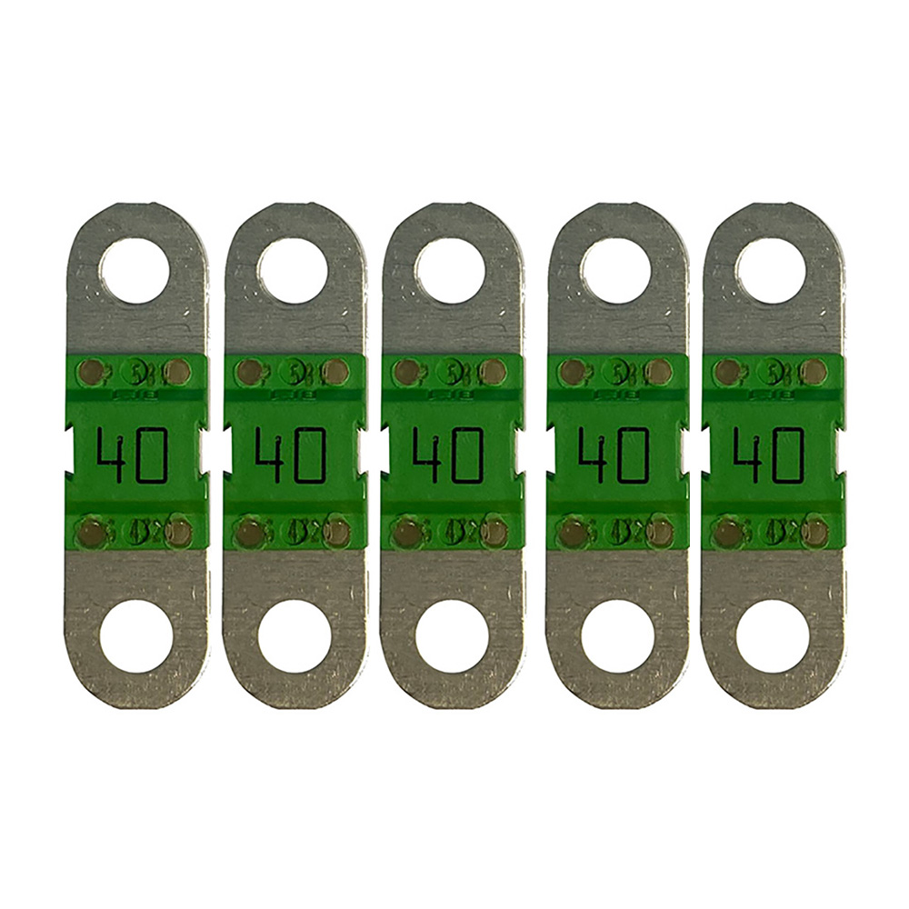 Five 40A automotive blade fuses in a row.