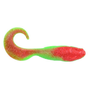 Colorful curly tail fishing lure for bass.