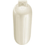 White marine buoy with ridges and handle.
