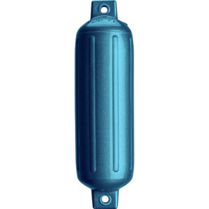 Blue marine boat fender, vertical orientation.