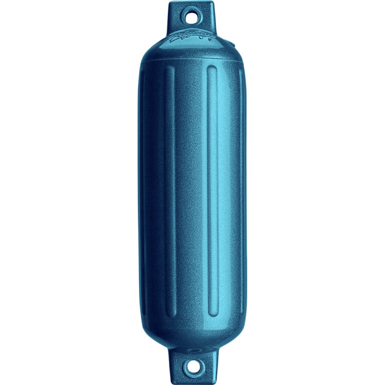 Blue marine boat fender, vertical orientation.