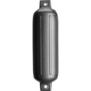 Black boat fender with mounting holes.