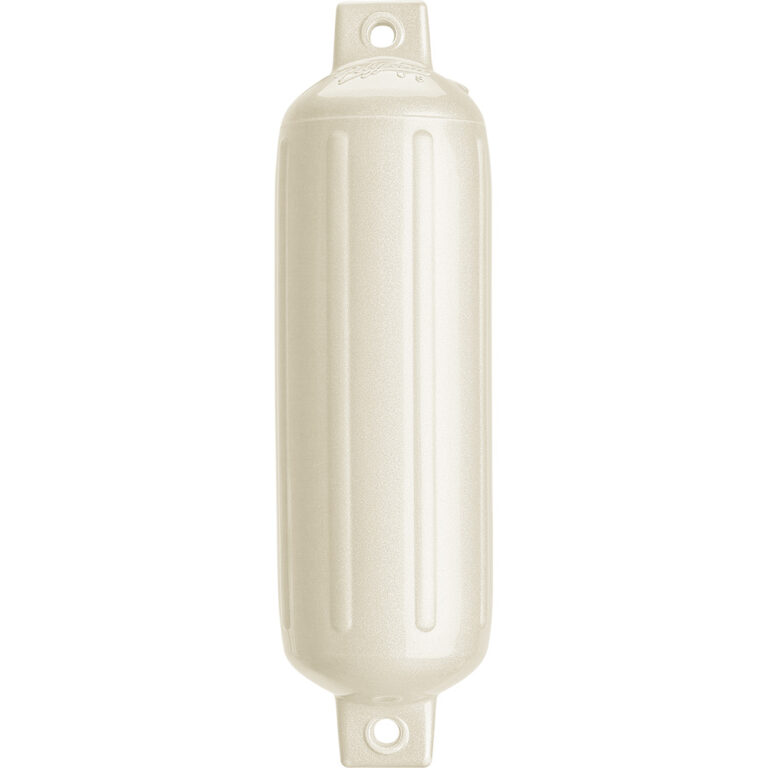Boat fender or bumper, white cylindrical design.