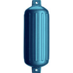 Blue marine boat fender with ribbed design.