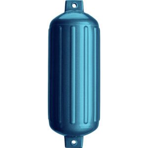 Blue marine boat fender with ribbed design.