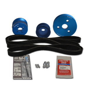 Car engine pulley kit with belt and accessories.