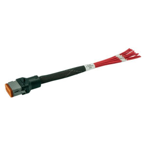 Red wire harness with connector.