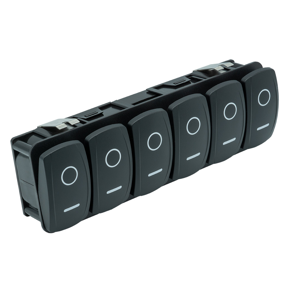 Black six-gang rocker switch panel