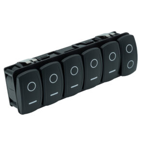 Six black rocker switches in a row
