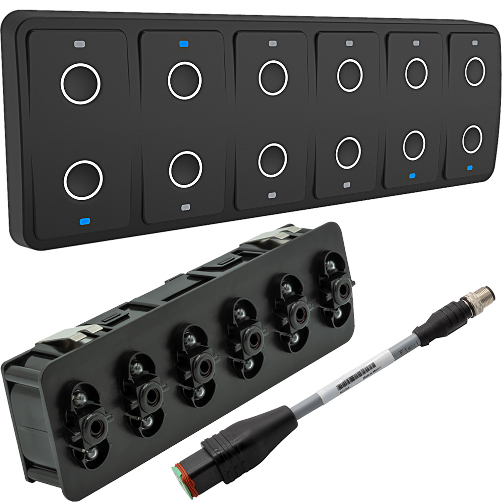 Black panel with multiple circular switches and connector.