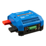 Blue battery management system device with connectors.
