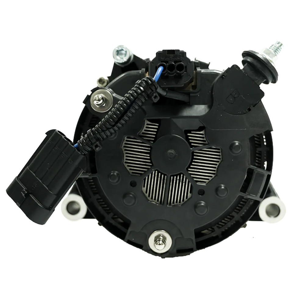 Rear view of a car alternator with connectors.