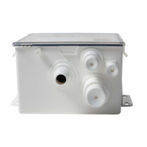 White plumbing junction box with connectors.