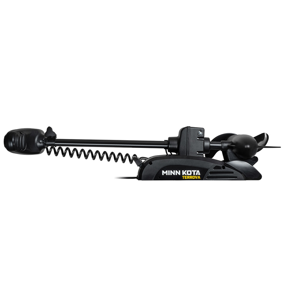 Minn Kota Terrova trolling motor, black, side view.