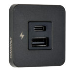 Black USB charger with USB-C and USB-A ports.