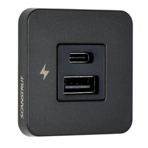 Black USB charger with USB-C and USB-A ports.