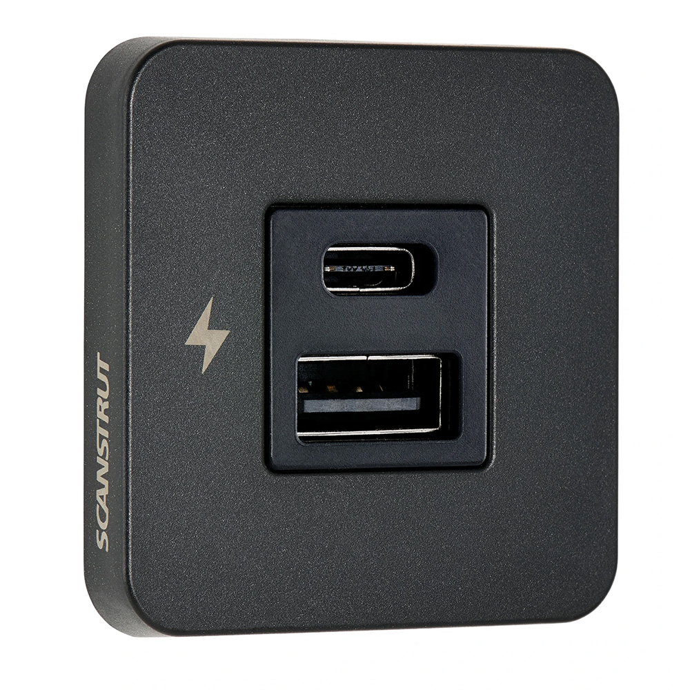 Black USB charger with USB-C and USB-A ports.