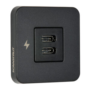 Dual USB-C wall charger with lightning symbol.