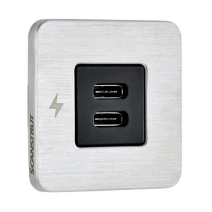 Dual USB-C wall socket, brushed metal finish.