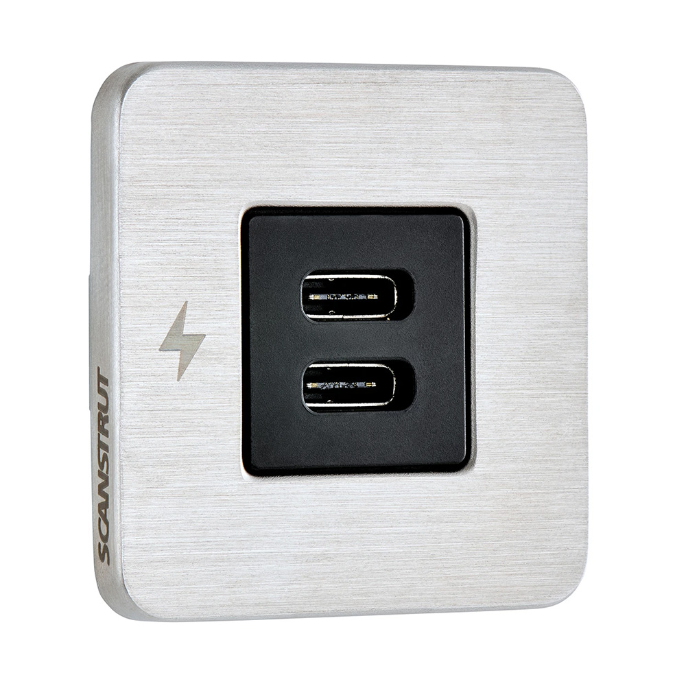 Dual USB-C wall socket, brushed metal finish.