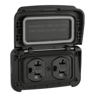 Watertight outdoor electrical outlet with open cover.