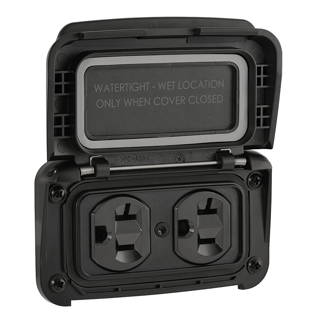 Watertight outdoor electrical outlet with open cover.