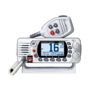 Marine VHF radio with microphone attached.