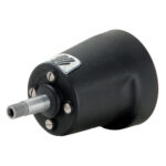 Black pneumatic rotary actuator with metal fittings.