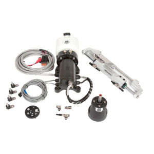 Hydraulic steering system components on display.