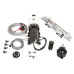 Hydraulic steering components with cables and fittings.
