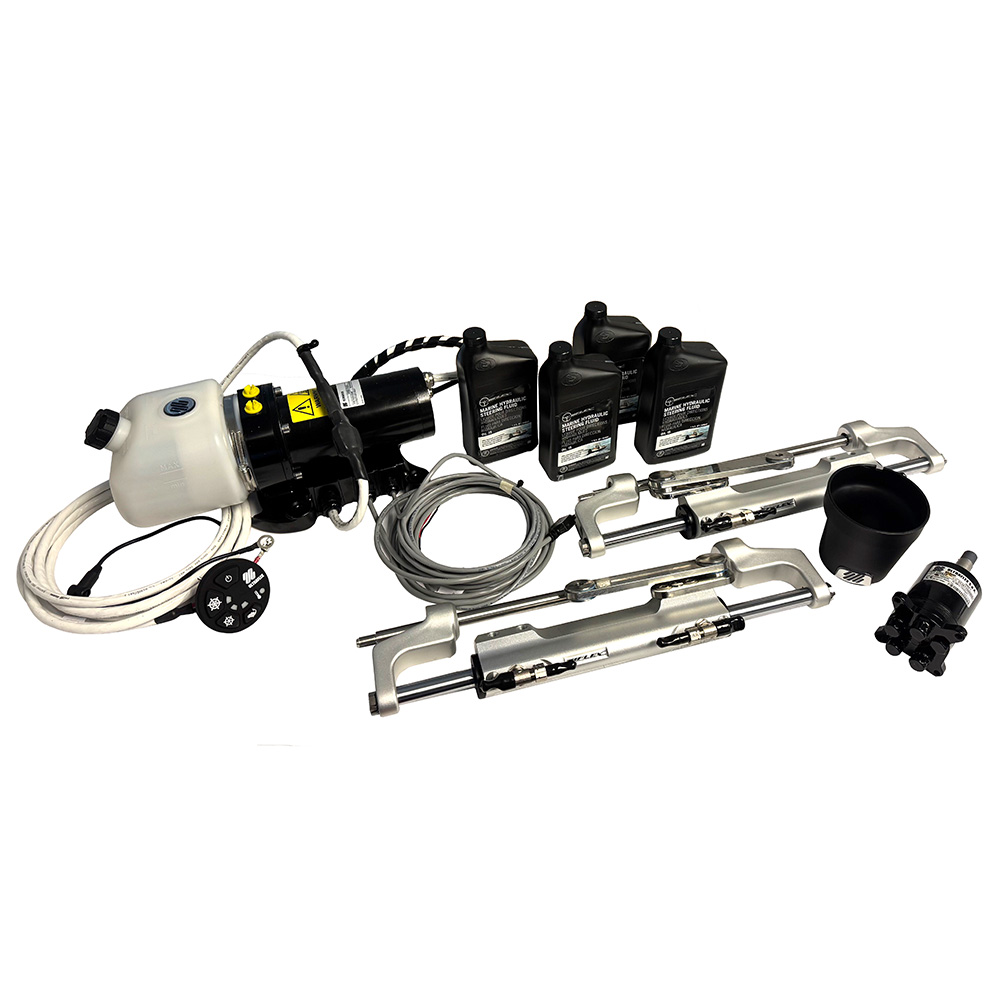 Hydraulic steering system kit with components and cables.