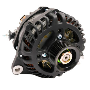 Close-up of a car alternator on white background.