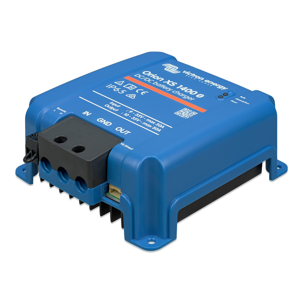 Blue DC-DC battery charger device on white background.