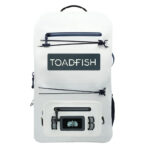 White Toadfish backpack with zipper compartments.
