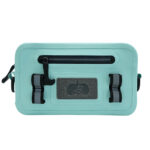 Teal waterproof belt bag with front zipper pocket.
