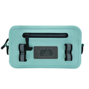Teal waterproof belt bag with front zipper pocket.